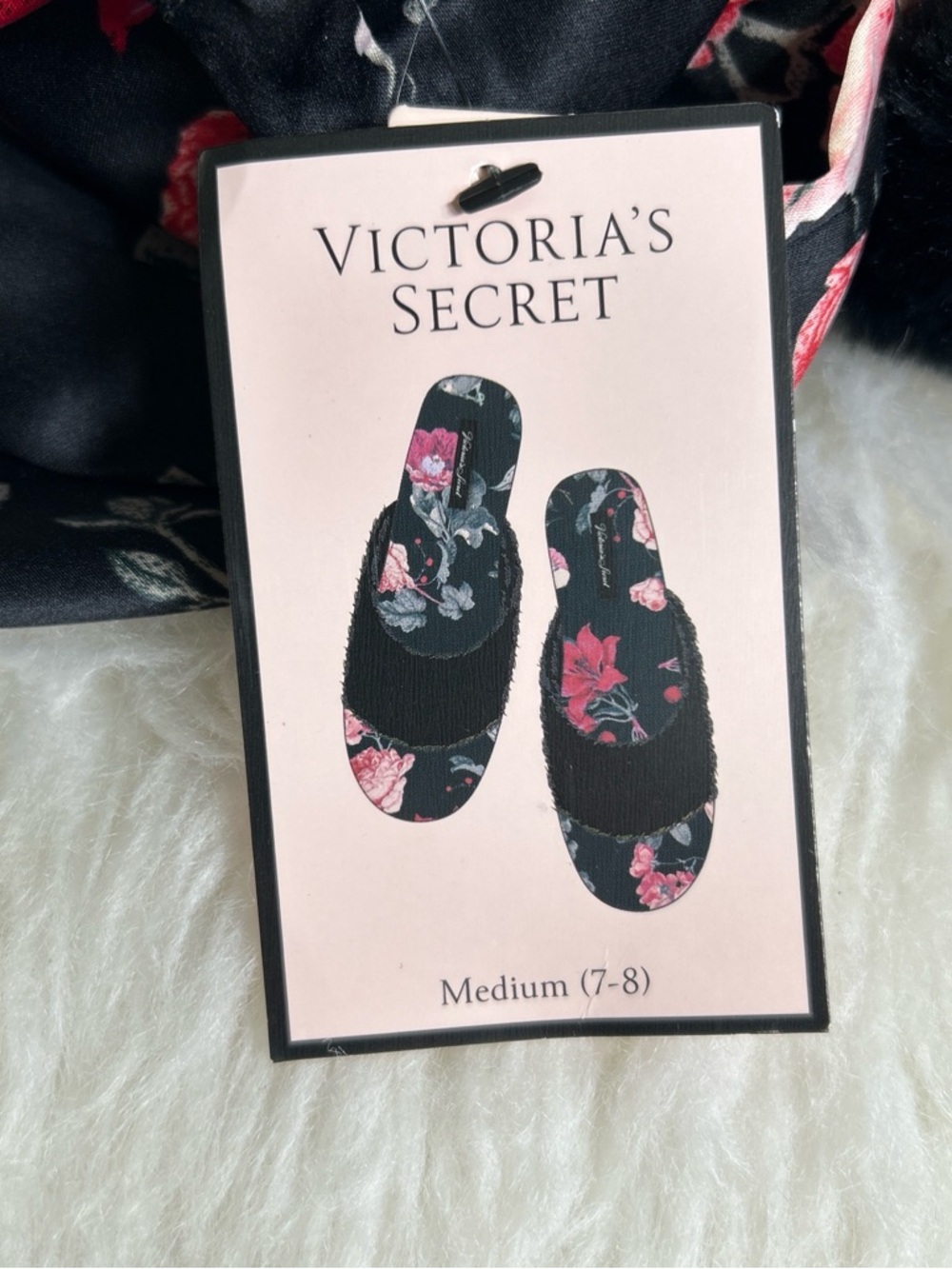 Victoria's Secret Size M 7/8 New Black Floral Slide Slippers with Pink Accents - Picture 6 of 7